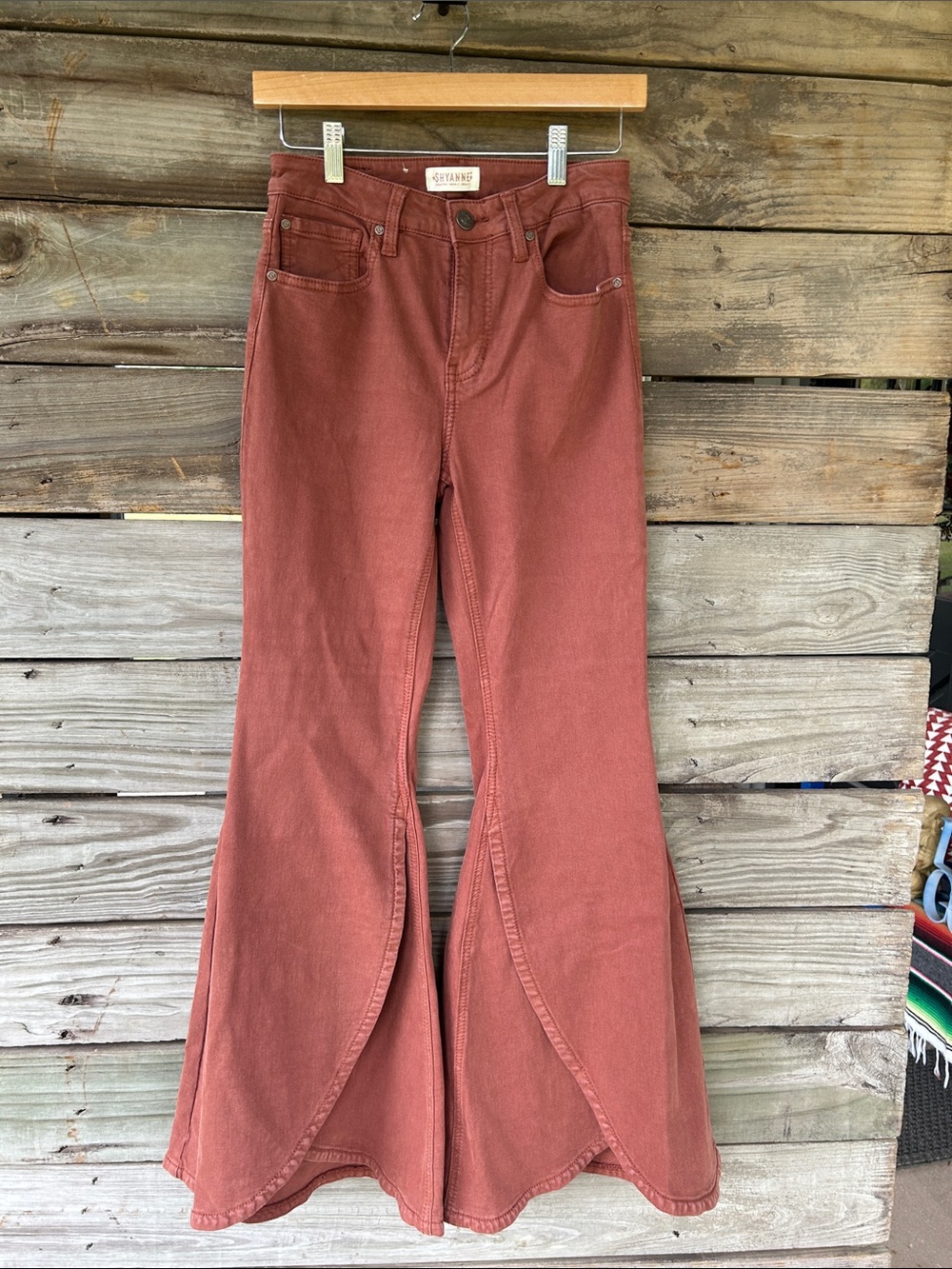 Shyanne Rust-Terracotta Flare Jeans with Curved Panels size 27